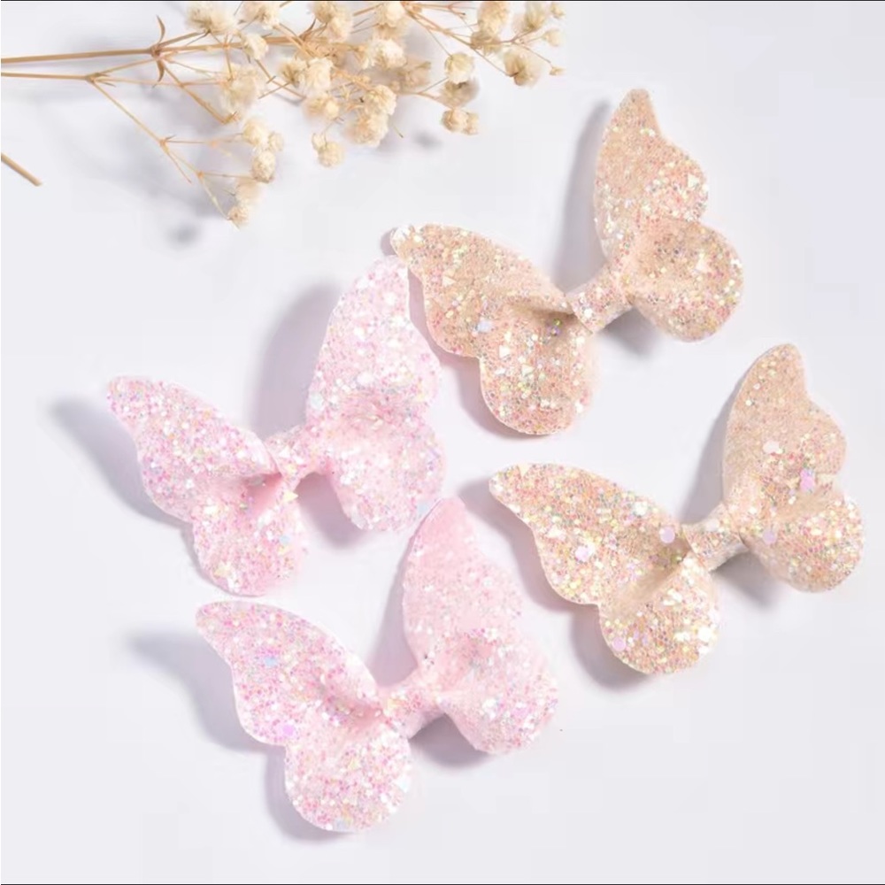 4 Piece Set Girls Pink and Gold Glitter Butterfly Hair Clip